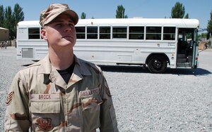 Staff Sgt. Douglas Brock, 376th Logistics Readiness Squadron member, looks forward to his next customer pick up and delivery.  (Air Force photo/Capt. Stan Paregien)