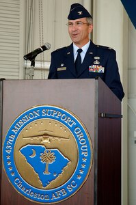 Col. Frank Jones, 437th Mission Support Group commander, speaks at the Change of Command ceremony held in Nose Dock 2 June 13. (U.S. Air Force photo/Staff Sgt. Marie Cassetty)