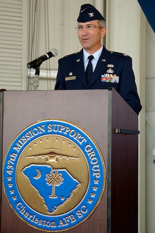 Col. Frank Jones, 437th Mission Support Group commander, speaks at the Change of Command ceremony held in Nose Dock 2 June 13. (U.S. Air Force photo/Staff Sgt. Marie Cassetty)