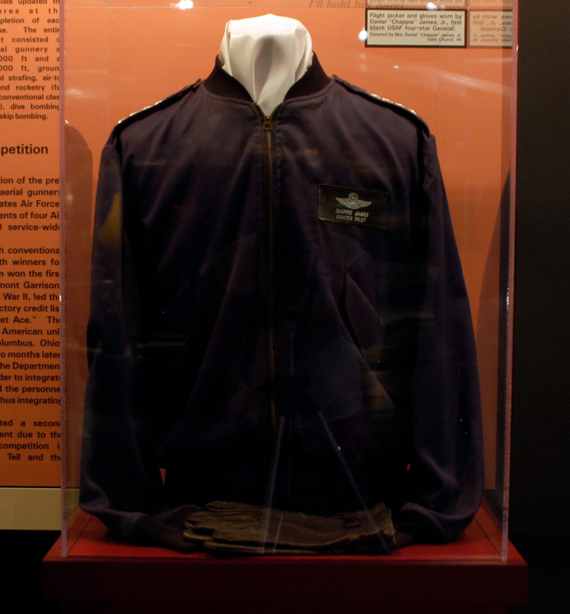 DAYTON, Ohio - Flight jacket and gloves worn by Daniel "Chappie" James, Jr. on display in the World War II Gallery at the National Museum of the U.S. Air Force. (U.S. Air Force photo)