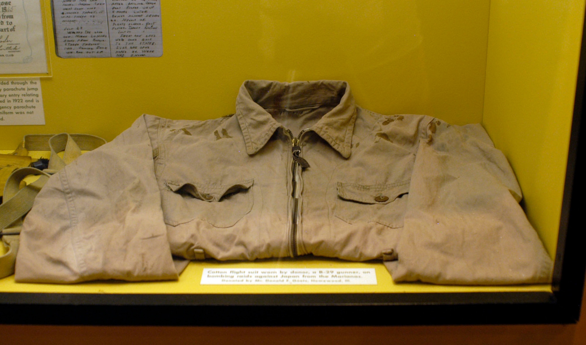 DAYTON, Ohio -- Cotton flight suit worn by the donor, a B-29 gunner, on bombing raids against Japan from the Marianas. The item, on display in the World War II Gallery at the National Museum of the U.S. Air Force, was donated by Donald F. Goetz, Homewood, Ill. (U.S. Air Force photo)