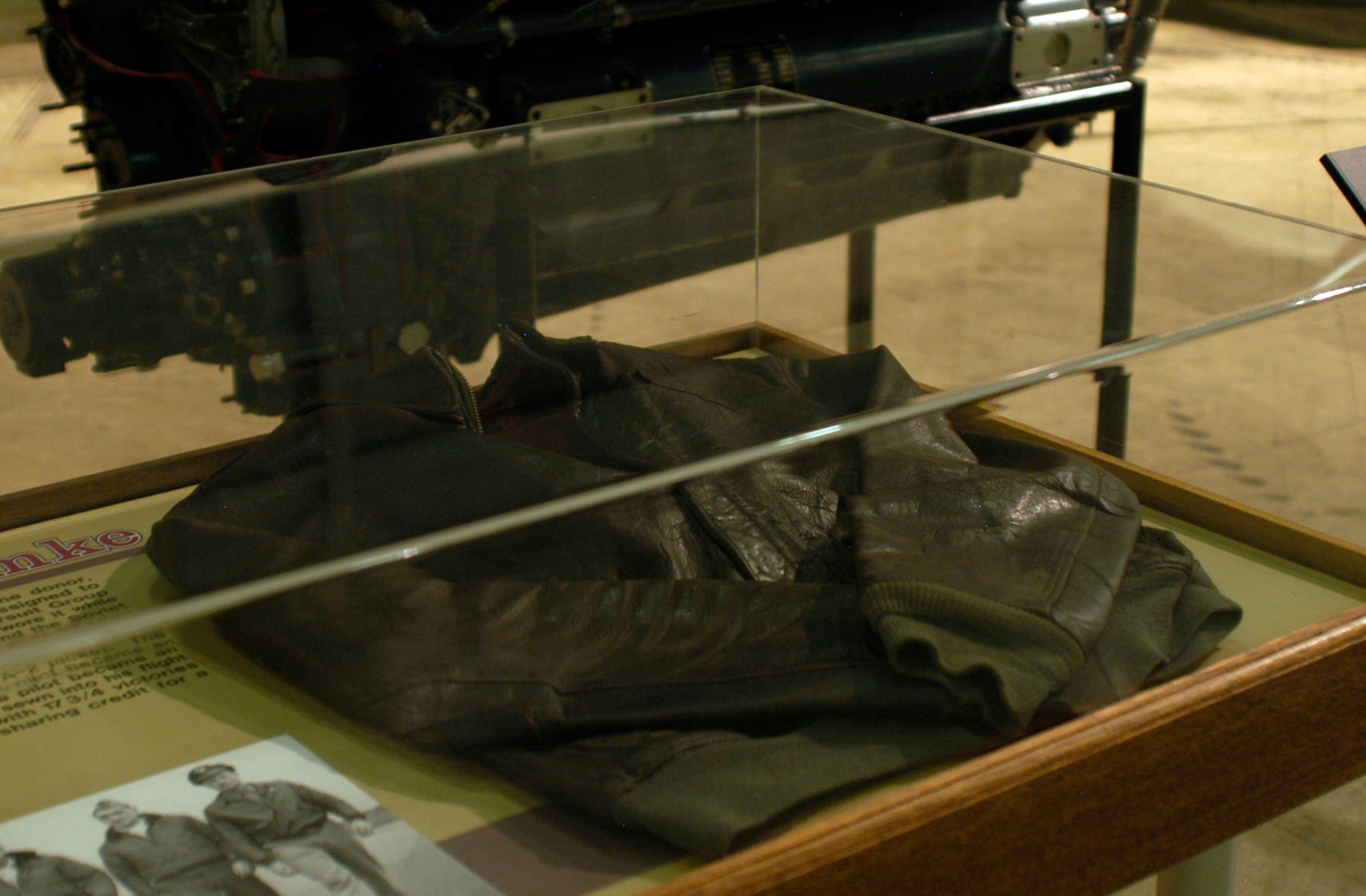 DAYTON, Ohio - Col. Hubert "Hub" Zemke A-2 flight jacket on display in the World War II Gallery at the National Miuseum of the U.S. Air Force. (U.S. Air Force photo) 