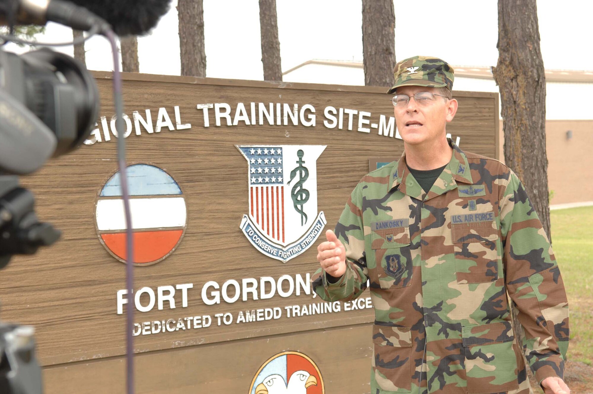 U.S. Air Force Col. Michael Dankosky, Chief of Aeromedical Evacuation, Headquarters Air Force Reserve Command, Robins AFB, Ga., briefs military media on the training aspects and benefits of the annual Golden Medic exercise on June 11, 2007. Golden Medic is a yearly medical exercise sponsored by the U.S. Army Reserve designed to provide a realistic training experience to participating combat support and service support units, while enhancing the overall training and readiness of Army Reserve and Air Force medical units. (U.S. Air Force photo by Senior Airman Erica J.Knight)(RELEASED)