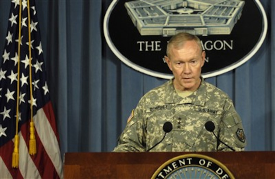 Lt. Gen. Martin Dempsey, U.S. Army, former commander of the Multi-National Security Transition Command in Iraq, talks to reporters at a press briefing in the Pentagon on June 13, 2007.  Dempsey told reporters about the progress in the development, training and equipping of Iraqi Security Forces.  