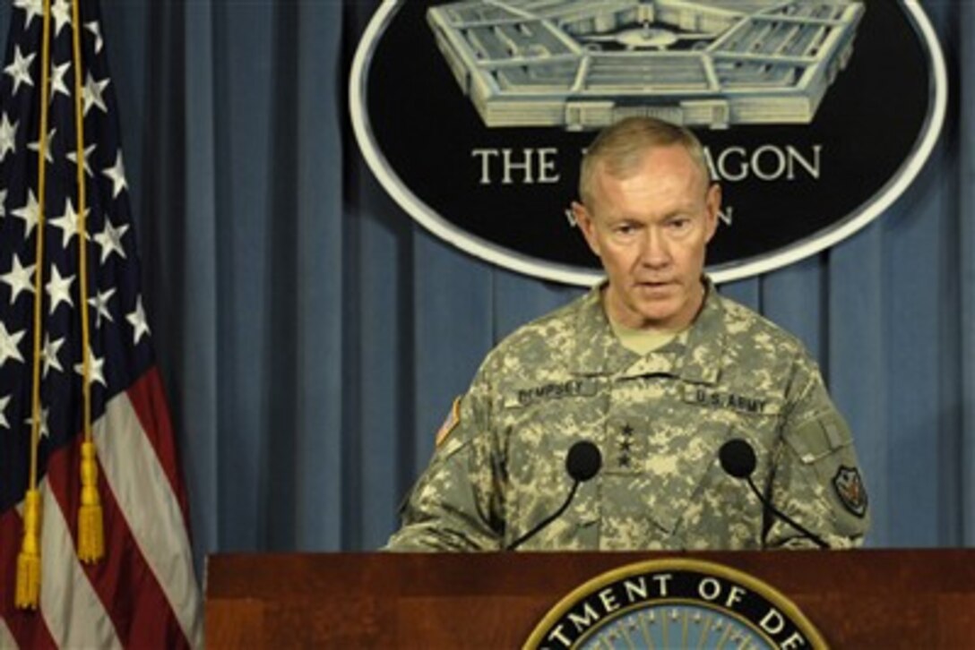 Army Lt. Gen. Martin Dempsey, commander of the Multi-National Security Transition Command in Iraq, talks to the press at the Pentagon, June 13, 2007, about ongoing operations.