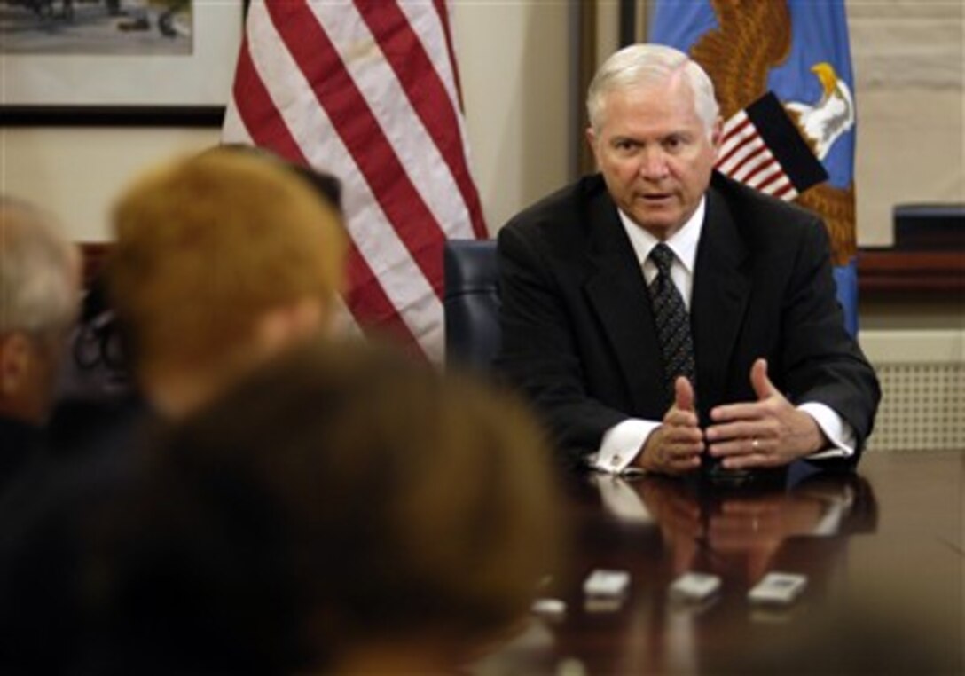 Secretary of Defense Robert M. Gates conducts a press conference at Ramstein Air Base, Germany, after meeting with the U.S. European Command commander and touring Landstuhl Regional Medical Center, June 13, 2007. 