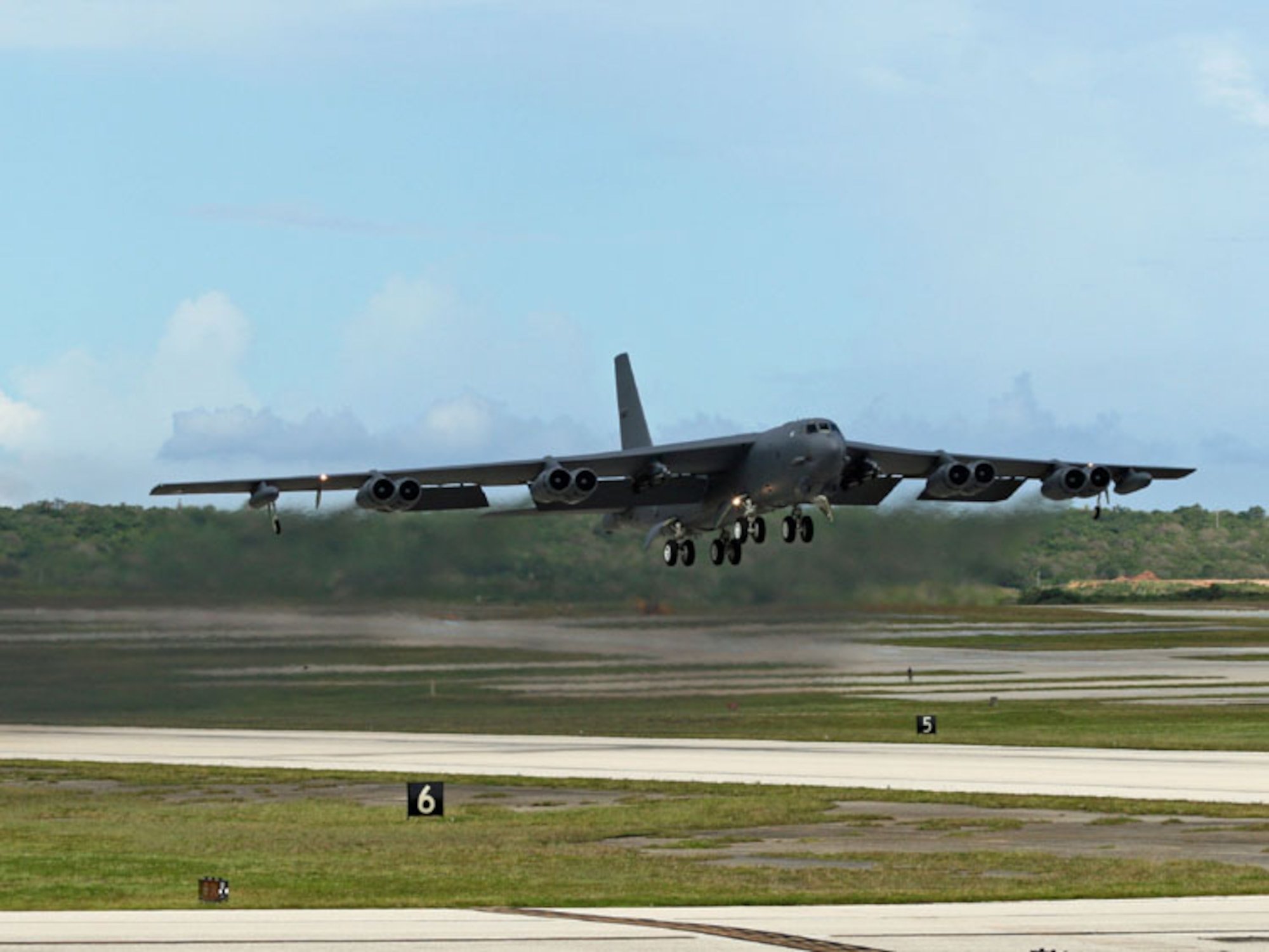 ANDERSEN AIR FORCE BASE, Guam - A B-52H currently deployed to Andersen from Barksdale Air Force Base, La., takes off for a mission.  B-52s like the one seen in this picture has been in the Air Force inventory since 1960.  (Photo by Senior Master Sgt. Mahmoud Rasouliyan/ 36th Expeditionary Aircraft Maintenance Squadron)