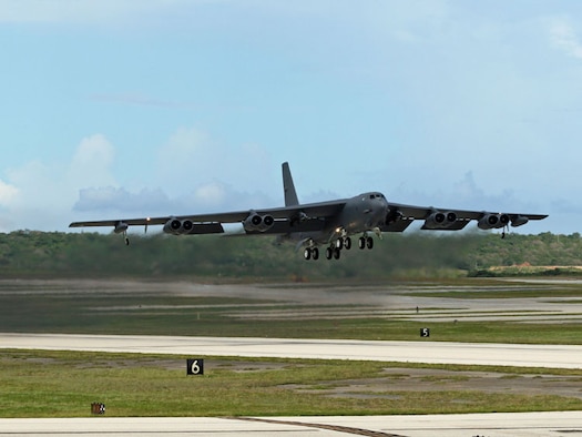 ANDERSEN AIR FORCE BASE, Guam - A B-52H currently deployed to Andersen from Barksdale Air Force Base, La., takes off for a mission.  B-52s like the one seen in this picture has been in the Air Force inventory since 1960.  (Photo by Senior Master Sgt. Mahmoud Rasouliyan/ 36th Expeditionary Aircraft Maintenance Squadron)
