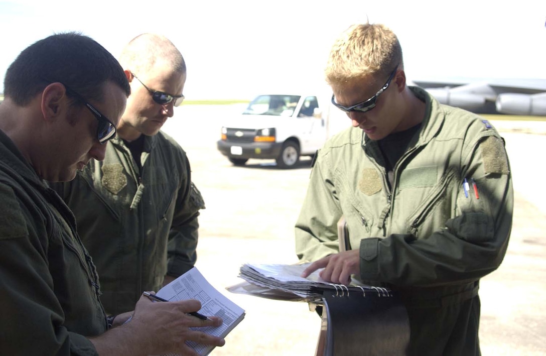 ANDERSEN AIR FORCE BASE, Guam - An aircrew follows their pre-flight checklist prior to a mission. (Photo by Master Sgt. Art Webb/ 36th Operations Group)