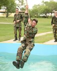 Brig. Gen. Darrell Jones, a former 37th Training Wing commander at Lackland Air Force Base, Texas, navigates a water obstacle on June 11, 2007, the opening day of the basic military training obstacle course. All obstacle courses were closed earlier in 2007 by order of the Chief of Staff of the Air Force after an Airman at Moody AFB, Ga., died while trying to complete an obstacle.  (USAF photo by Robbin Cresswell)
