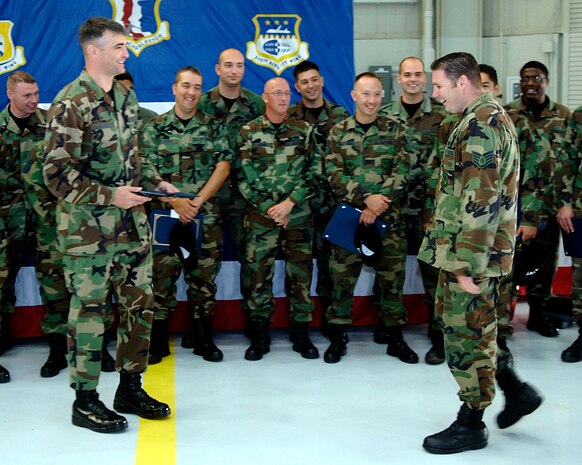 Staff Sgt. Michael Gause, 437th Aircraft Maintenance Squadron aircraft hydraulics journeyman, is shocked as he is informed by Maj. Brad Tannehill, 437 AMXS commander, of his selction for promotion to technical sergeant in the Nose Dock 2 hangar Thursday. (U.S. Air Force photo/Airman 1st Class Nicholas Pilch)