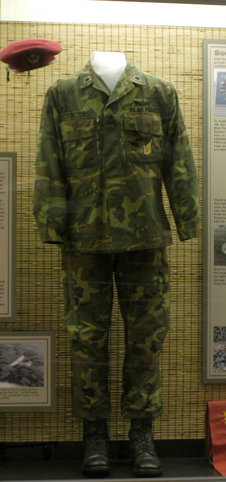 DAYTON, Ohio - Uniform worn by Col. William J. Fulton in the late 1960s. He was a USAF FAC from the 19th TASS assigned to the elite South Vietnamese Airborne Brigade headquartered at Tan Son Nhut AB. To avoid standing out and becoming a target for snipers, these FACs–call sign Red Marker–wore the Vietnamese uniform, but with USAF insignia. This item is on display in the A Dangerous Business: Forward Air Control in Southeast Asia exhibit in the Southeast Asia War Gallery at the National Museum of the U.S. Air Force. (U.S. Air Force photo)