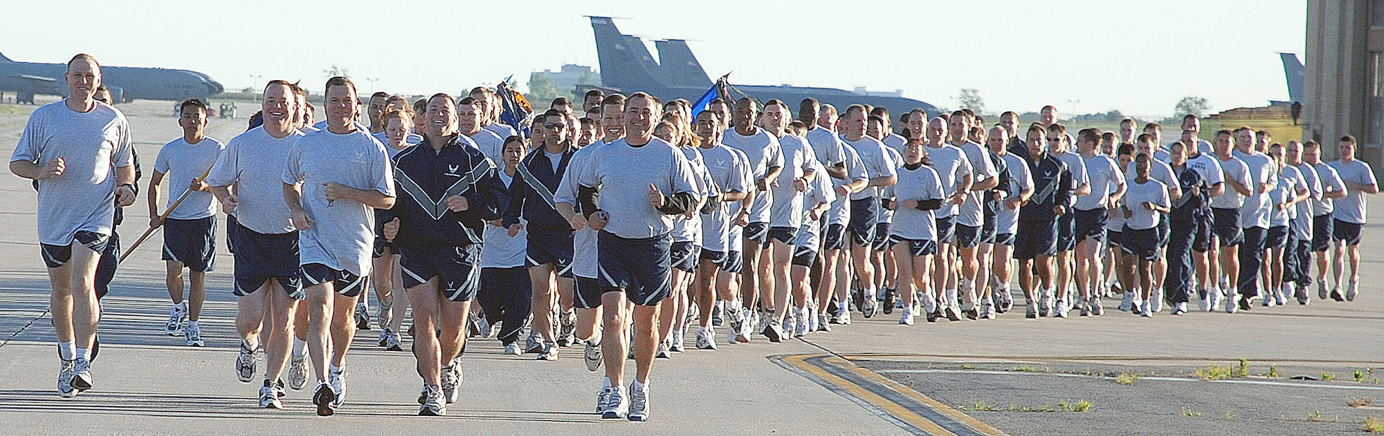 Members of the 22nd Operations Group participate in a group run on the flight line June 8. The group will be participating in future runs to promote fitness values that play a key role to provide “fit to fight” Airmen. (Photo by Airman 1st Class Jessica Lockoski)