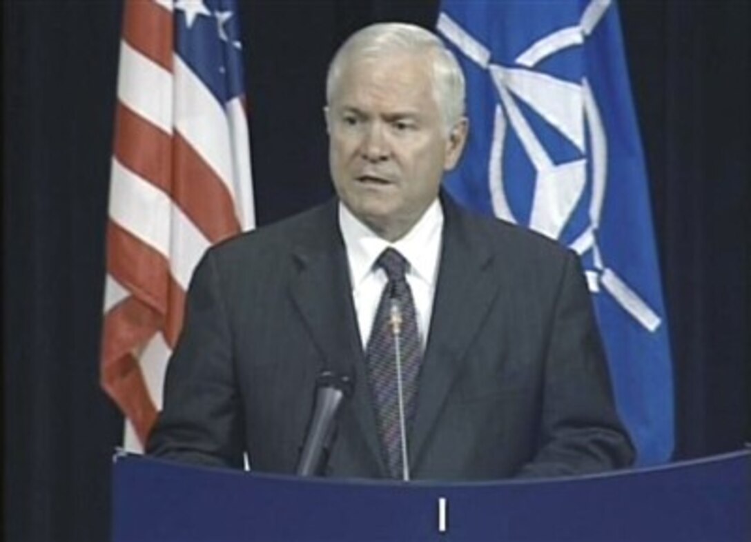 U.S. Secretary of Defense Robert M. Gates speaks with the press during the North Atlantic Council  meeting in Brussels, Belgium, June 14, 2007.