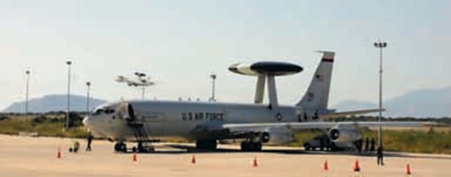 An E-3 Sentry takes off for a President of the United States support mission from Naval Support Activity Souda Bay, Crete.  Airmen from the 552nd Air Control Wing deployed to NSA Souda Bay to conduct air surveillance and command and control missions during President George W. Bush's travels across Europe.  