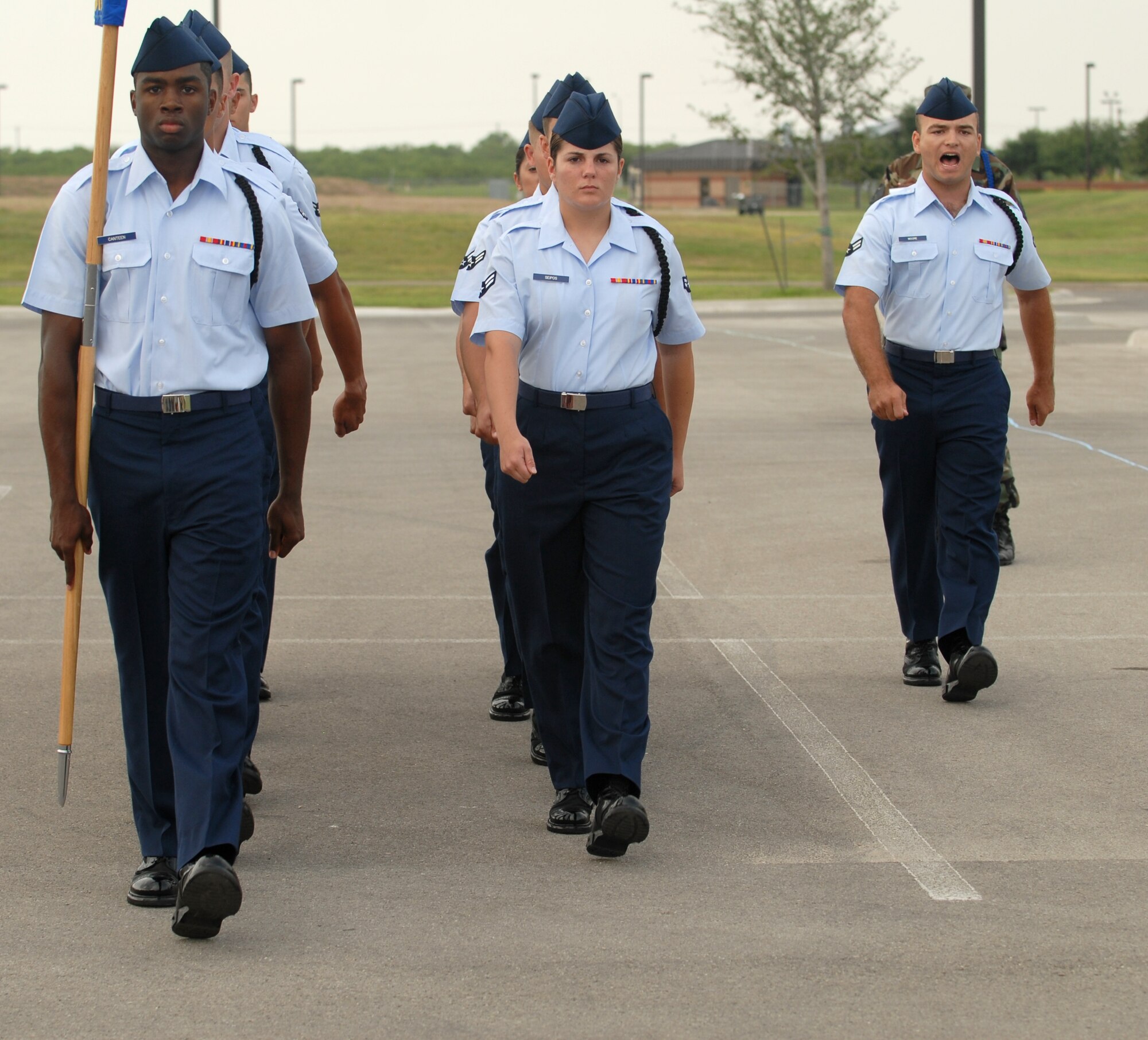 Airman 1st Class Patrick Moore calls cadence as he marches the 315th Training Squadron’s drill team through the regulation drill portion of the 17th Training Group drill competition June 9. (U.S. Air Force photo by Tech. Sgt. Randy Mallard).