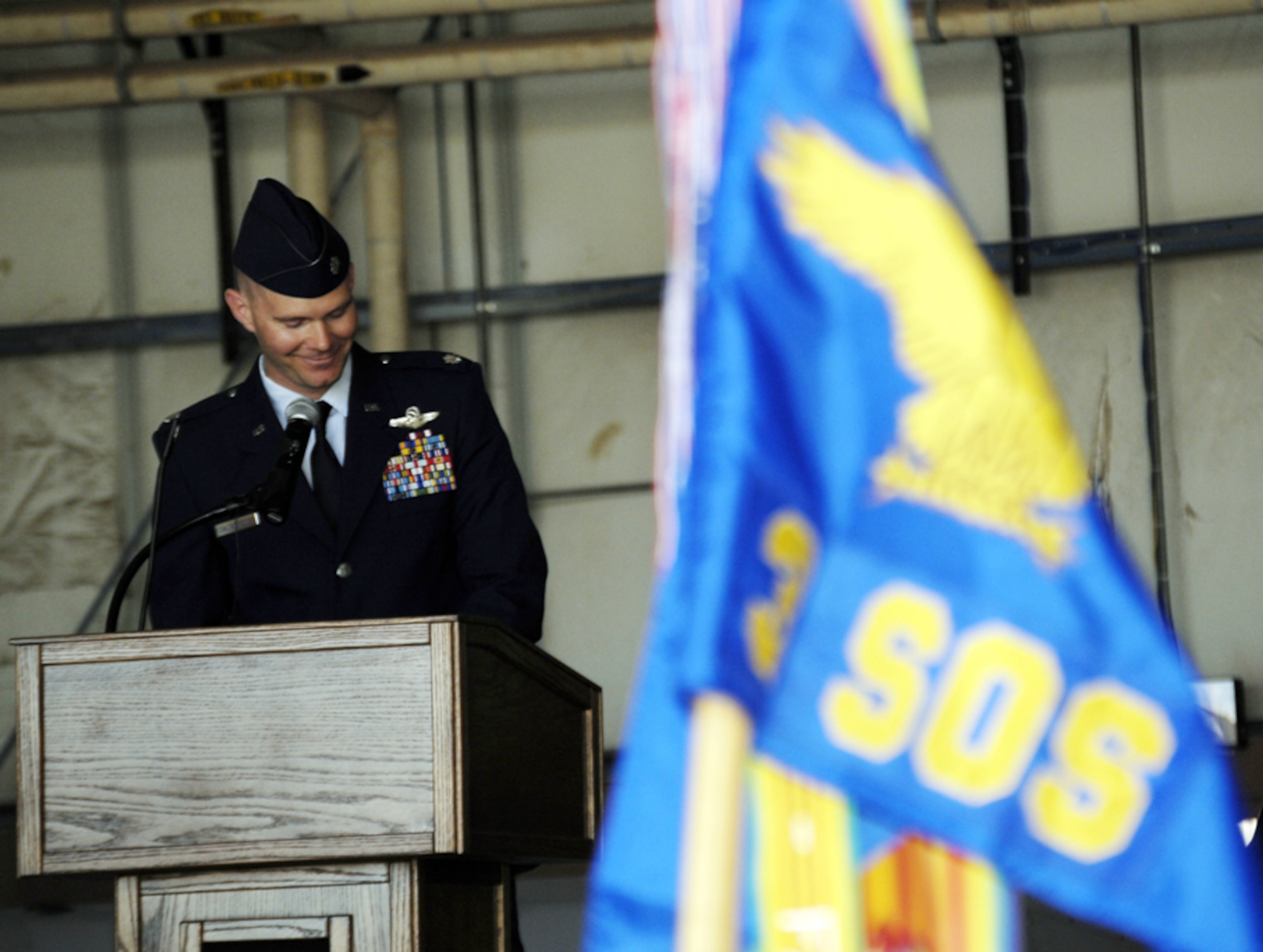 Lt. Col. Paul Calitgirone, 3rd Special Operations Squadron commander, speaks to his troops for the first time May 31. The 3rd SOS acquired a new commander and some Air Combat Command assets that nearly doubled the squadron's size. (U.S. Air Force photo by Staff Sgt. Orly Tyrell)