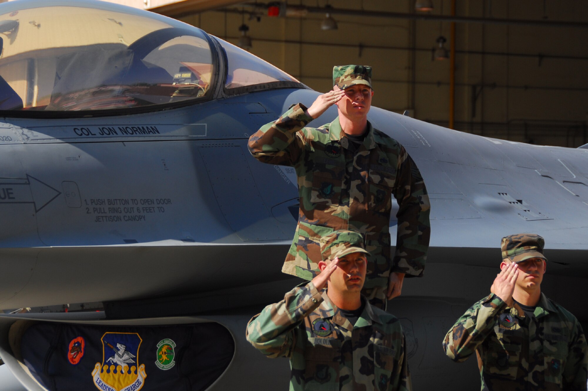 OSAN AIR BASE, Republic of Korea -- 36th Fighter Squadron crew chiefs salute their new Commander, Colonel Jon Norman after the unveiling of his name on the 51st Fighter Wing flagship today.  (U.S. Air Force photo by Airman 1st Class Chad Strohmeyere)