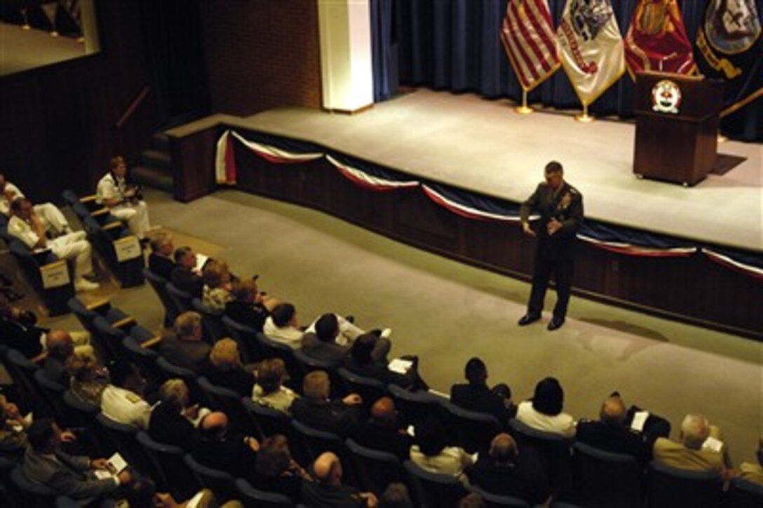 Chairman of the Joint Chiefs of Staff U.S. Marine Gen. Peter Pace speaks with students, faculty and leaders at the Joint Forces Staff College at the MacArthur Auditorium, Norfolk, Va., June 14, 2007.