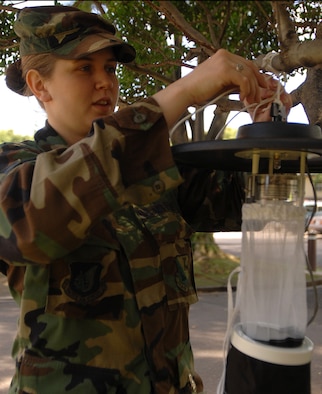 Airman 1st Class Lori Capps, 374th Aerospace Medicine Squadron, sets up traps to catch Mosquito?s through out the season, and send them off to Camp Zama, where they will be tested at the USA Chippm testing facility. (Photo by Airman 1st Class Laszlo Babocsi) 