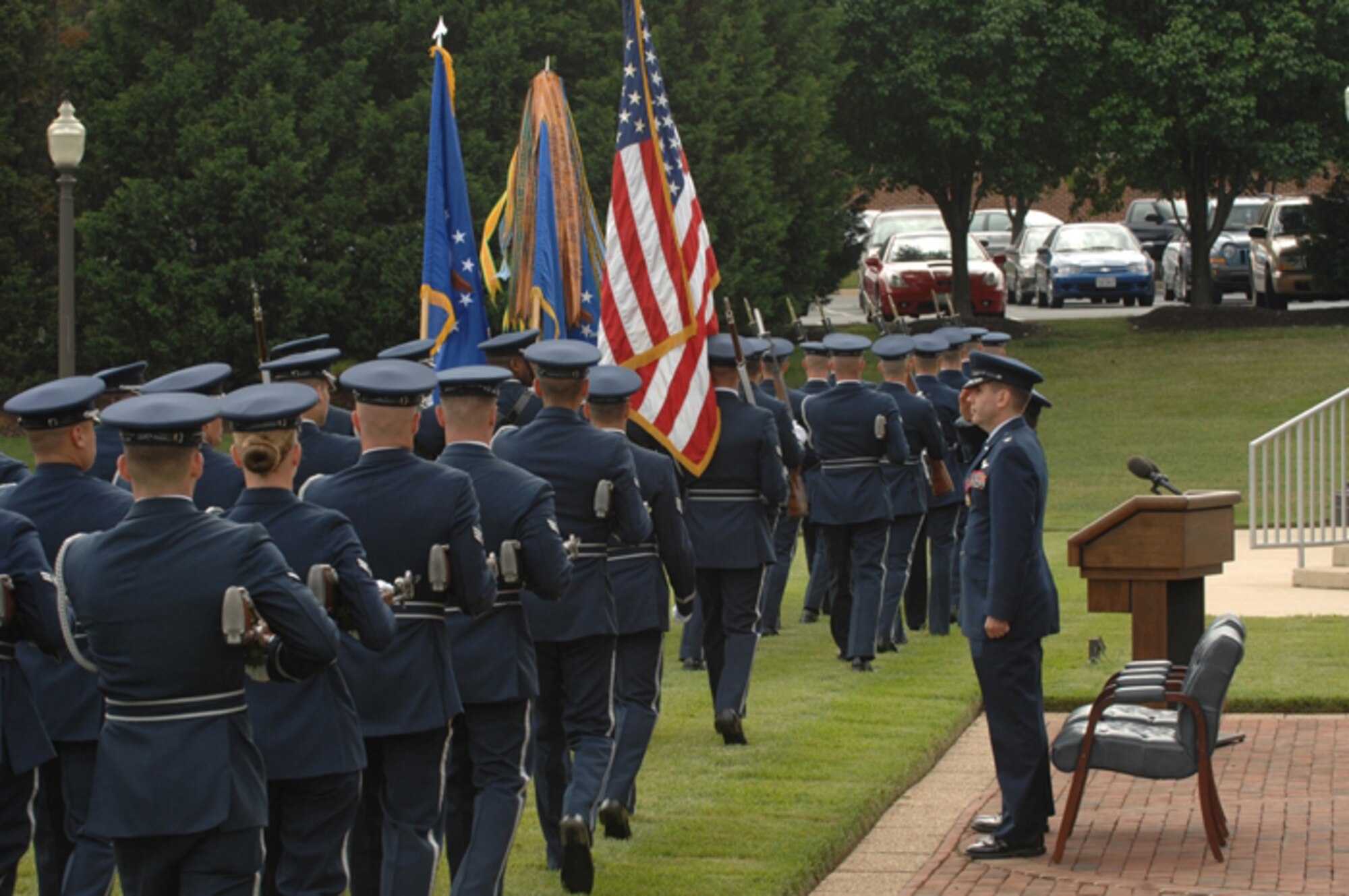 11th Wing Honor Guard pass in review during Col. Chesnut?s retirement on June 15 at Bolling AFB, Washington D.C.