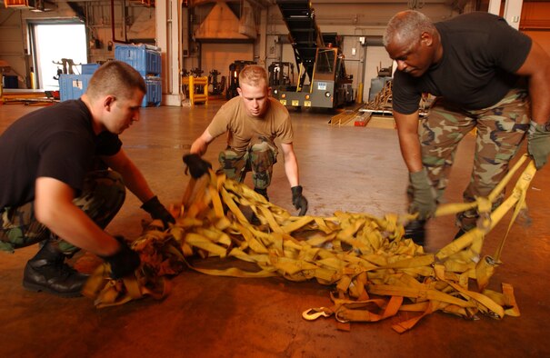 ANDREWS AIR FORCE BASE, Md. -- Staff Sgt. Matthew Robinson, Senior Airman Matthew Stidham and Tech. Sgt. Tim Dickens untangle a cargo net June 12 to secure five pallets of goods to be sent overseas. Members of the 69th Aerial Port Squadron have coordinated with Air Force Reserve Command to load and send toys, clothing and household goods to Bagram and Kabul, Afghanistan, Landstuhl Regional Medical Center, Germany, and Kyrgyzstan. All three Airmen are members of the 69th APS. Sergeant Robinson is a hazardous materials preparer, Airman Stidham is a passenger service representative, and Sergeant Dickens is an information controller. Gen. John A. Bradley, chief of Air Force Reserve Command, Robins Air Force Base, Ga., accompanied some of the cargo on his trip overseas this month. (U.S. Air Force photo/Staff Sgt. Amaani Lyle)
