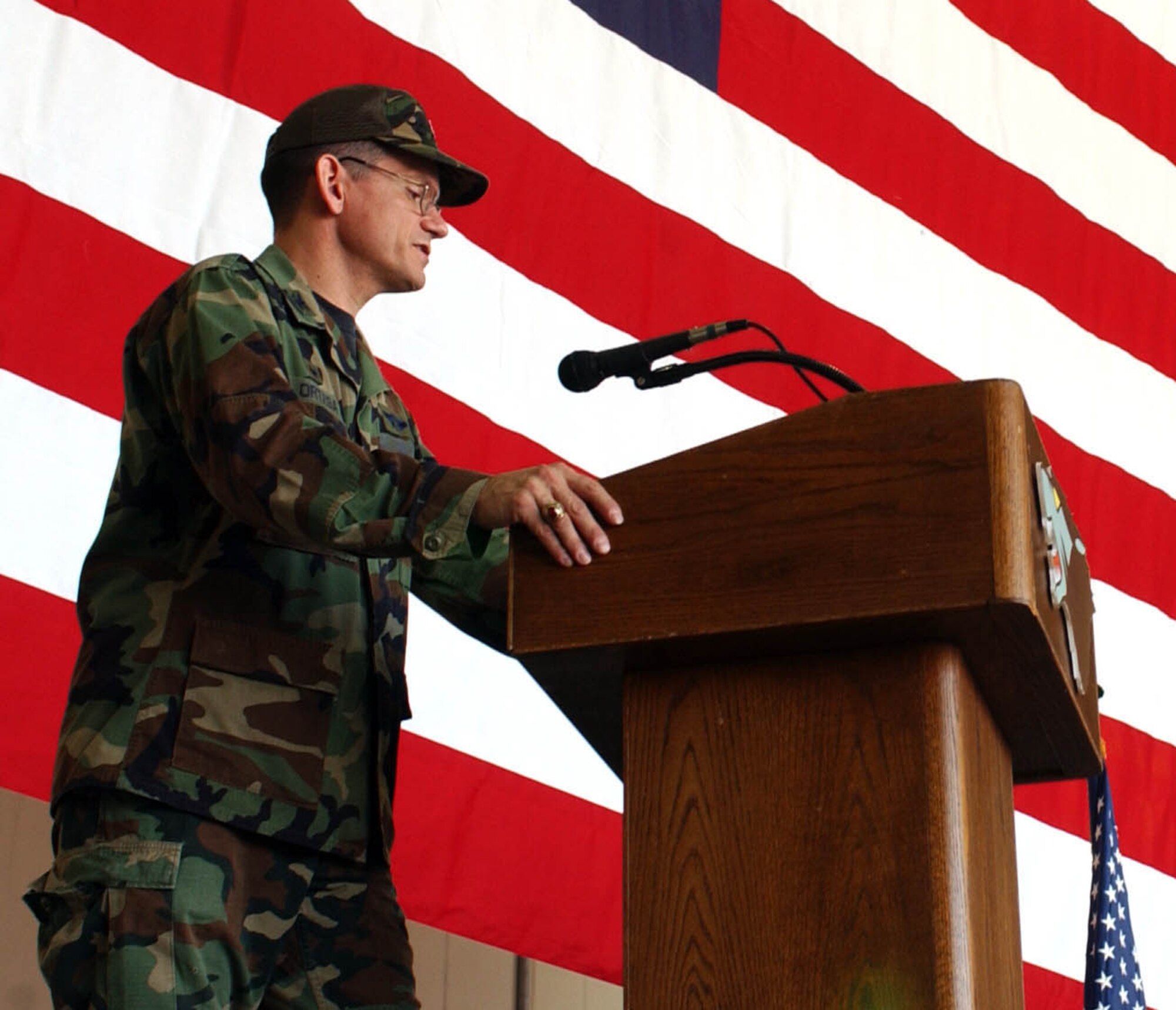 Colonel Hernando J. Ortega Jr., outgoing 8th Medical Group Commander, speaks to his group one final time prior to relinquishing command to Colonel Rose Layman  June 18.  (U.S. Air Force photo/Senior Airman Steven R. Doty)        