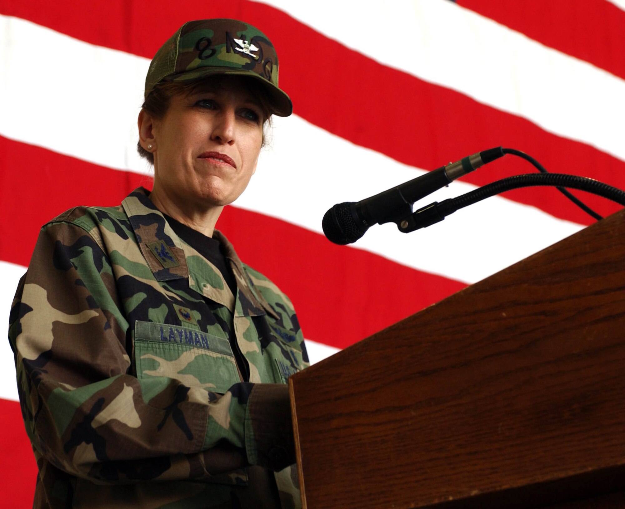 KUNSAN AIR BASE, Republic of Korea -- Colonel Rose Layman, 8th Medical Group Commander, speaks to her group for the first time after assuming command of the 8th Medical Group June 18.  (U.S. Air Force photo/Senior Airman Steven R. Doty)      