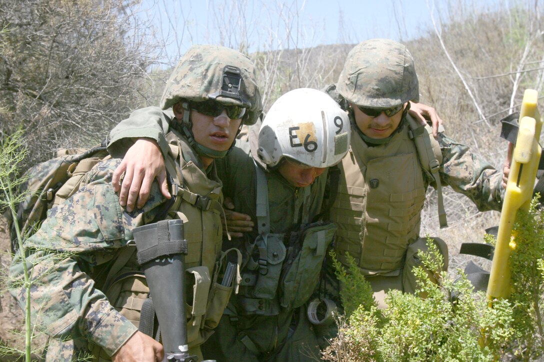 FIRE BASE GLORIA, MARINE CORPS BASE CAMP PENDLETON, Calif. ? Marines with Weapons Company, Battalion Landing Team 1st Battalion, 5th Marine Regiment, 11th Marine Expeditionary Unit, from here, evacuate a wounded pilot during in a Tactical Recovery of Aircraft and Personnel (TRAP) exercise June 14, here. The Marines with the BLT were engaged with a mock AV-8B Harrier II accident and the recovery and evacuation of the personnel on board. The training was provided by Special Operations Training Group, I Marine Expeditionary Force, from here.