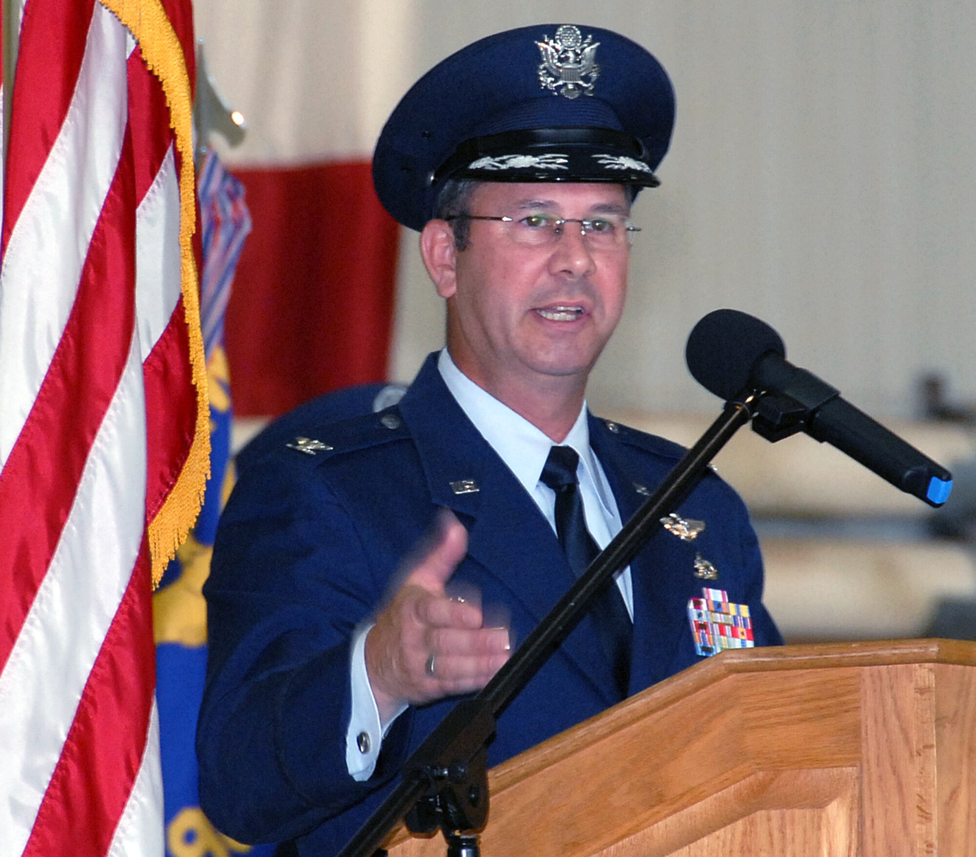 Col. David Norsworthy addresses the 982nd Training Group for the first time during the change of command ceremony June 15 at Hangar 1040. (U.S. Air Force photo/Mike Litteken)