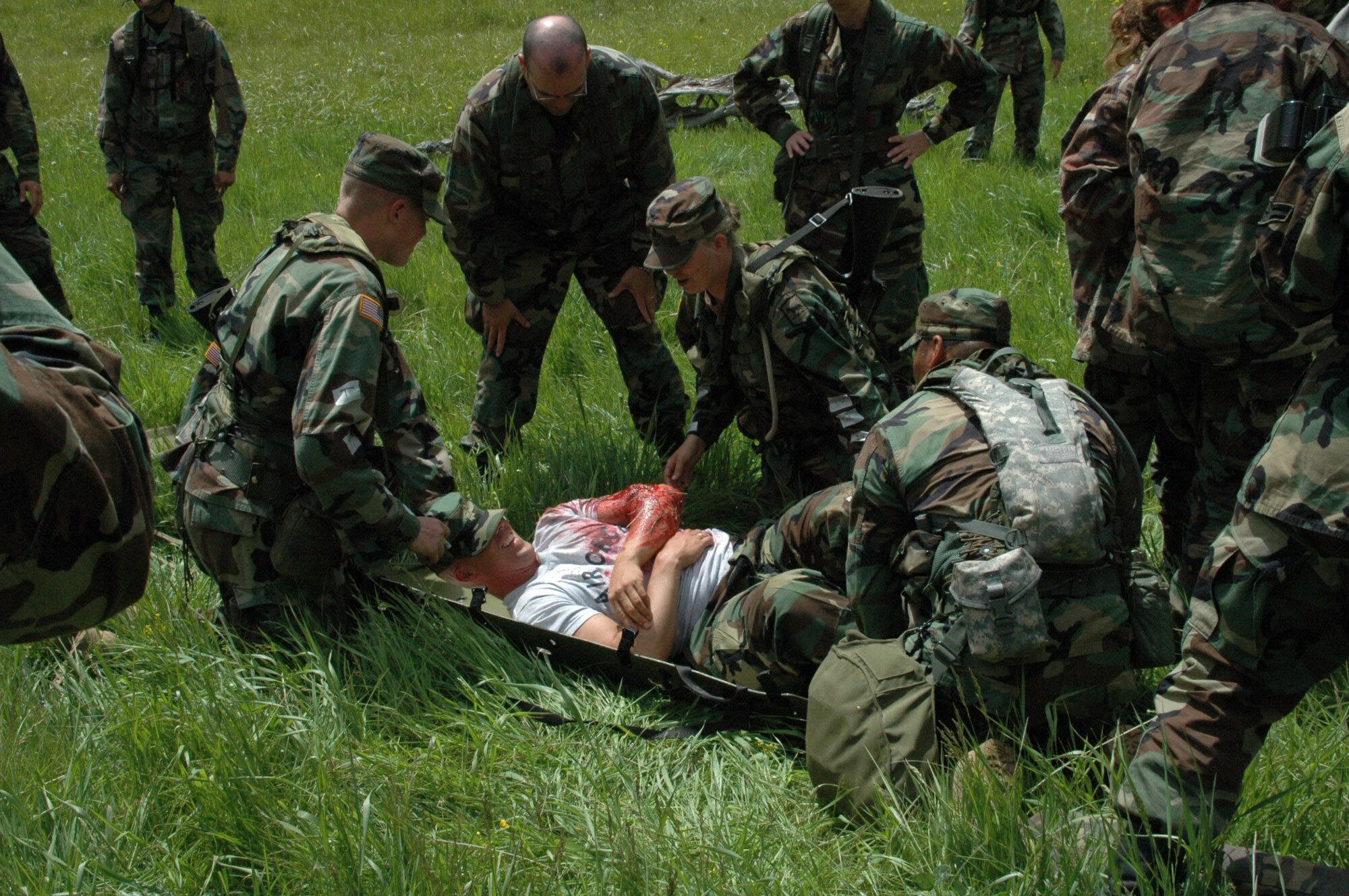 Airmen participate in Joint Thunder 2007 for the first time in the exercise's existence. Joint Thunder is a realistic field training exercise which includes Army, Navy and Air Force units from 34 states, Canada, Singapore and Germany. Joint Thunder exercises provide better trained medics who are fully prepared to support the Global War on Terror, also it builds a better joint medical team. Medics gain knowledge on convoy operations, receive training in land navigation and participate in the Leadership Reaction Course. 
(U.S Air Force photo/Airman 1st Class Kimberly Moore Limrick)