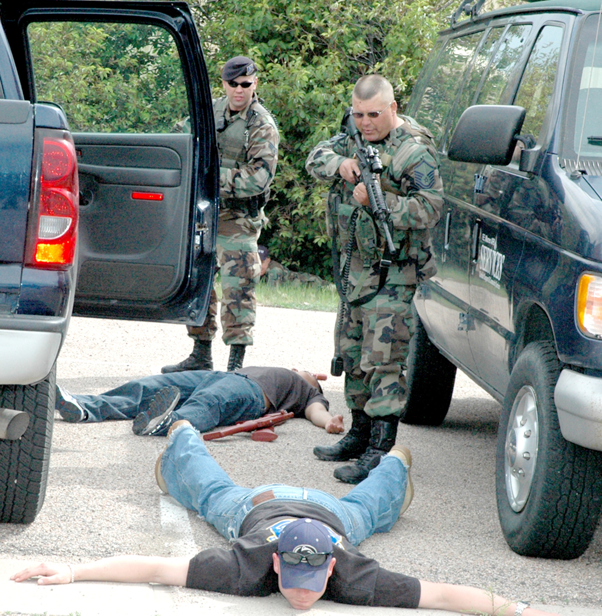 The hostage situation came to an end when Master Sgt. Jeffrey Rosinski and Senior Airman Derek Stafford, 90th Security Forces Squadron apprehended kidnappers Sergeant Murphy and Sergeant Bolton while they were trying to flee the location.