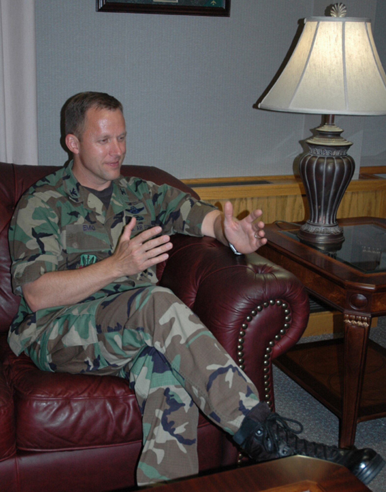 MINOT AIR FORCE BASE, N.D. -- Col. Bruce Emig, 5th Bomb Wing commander, discusses his vision and goals for Minot AFB during a recent interview. The 5th BW's new commander, who took command June 5, is happy to be back at Minot AFB. The Colonel was the 23rd Bomb Squadron commander here from February 2001 to July 2002. (U.S. Air Force photo by Airman 1st Class Wesley Wright)