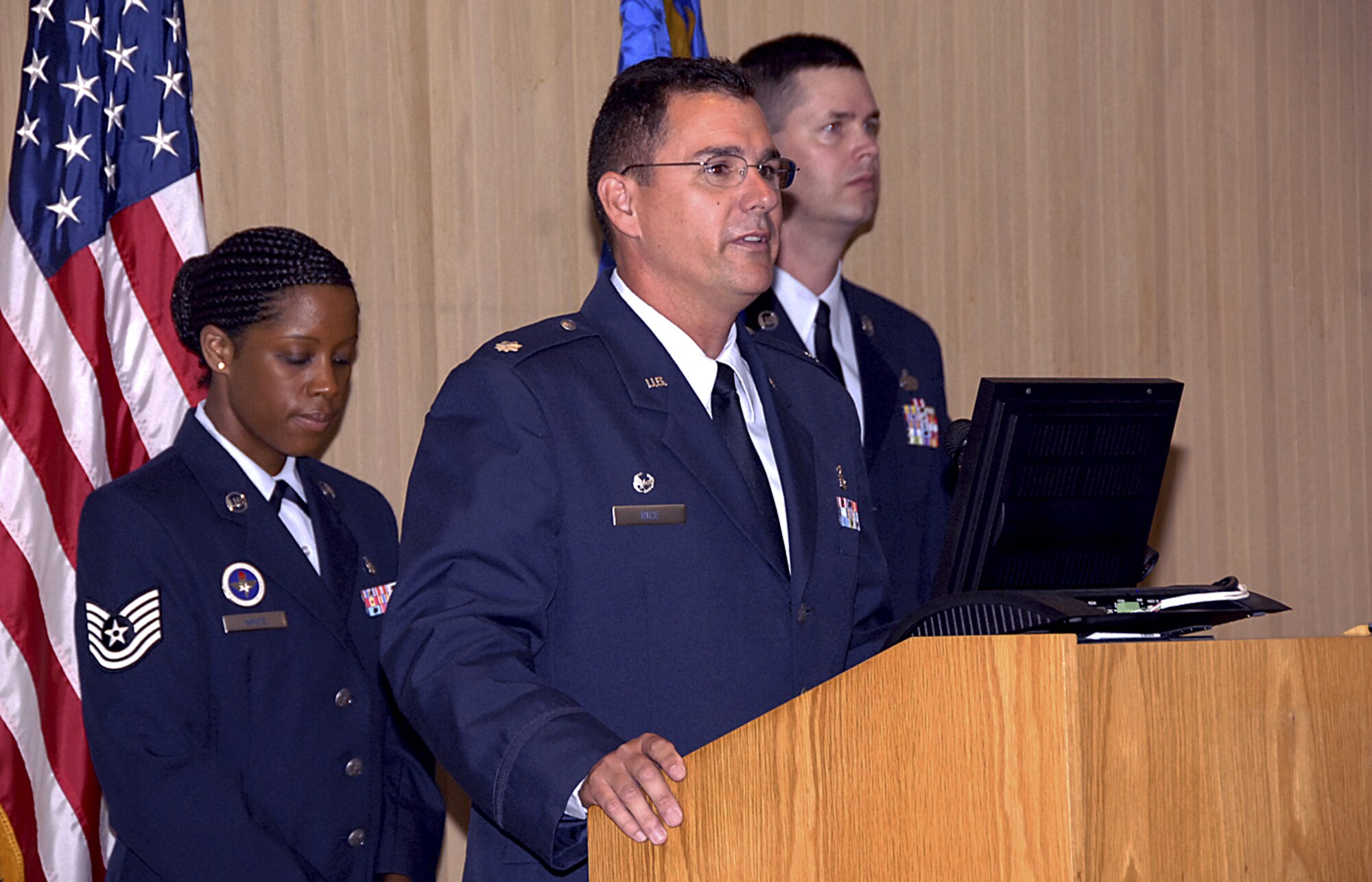 Lt. Col. Craig Rice, incoming 381st Training Squadron commander, speaks June 18 at the 381st TRS change-of-command ceremony. (U.S. Air Force photo/Harry Tonemah)