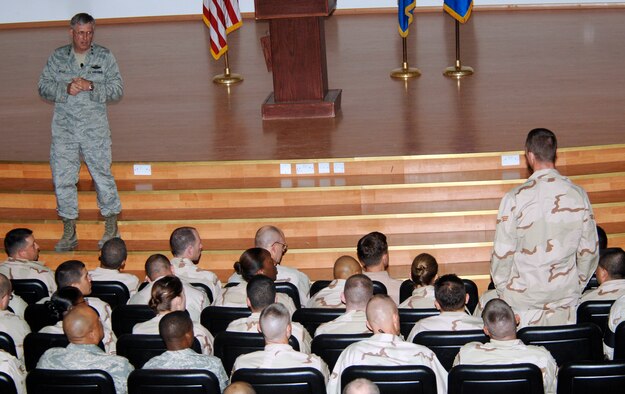 Lt. Gen. Roger Brady, Deputy Chief of Staff, Manpower and Personnel, answers a question at an Airman's Call, June 12. General Brady hosted the call and visited facilities and units throughout the wing, speaking with Airmen about current Air Force issues and the way ahead. (U. S. Air Force photo by Staff Sgt. Raymond Mills)