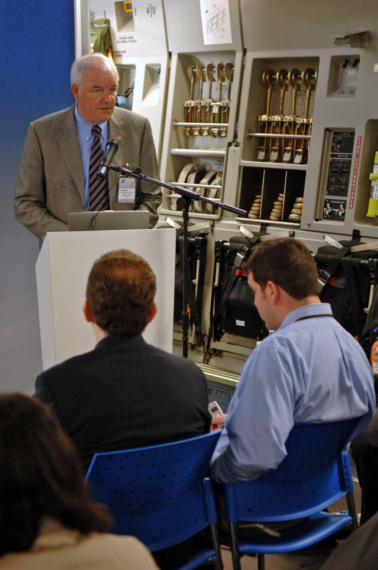 Secretary of the Air Force Michael W. Wynne outlines goals from the Commercial Aviation Alternative Fuel Initiative during a press conference June 19 at the 47th International Paris Air Show at Le Bourget Airport, France. He discussed alternative fuel developments that are being created and ways to reduce greenhouse gas emissions. 
 (U.S. Air Force photo/Airman 1st Class Marc I. Lane)