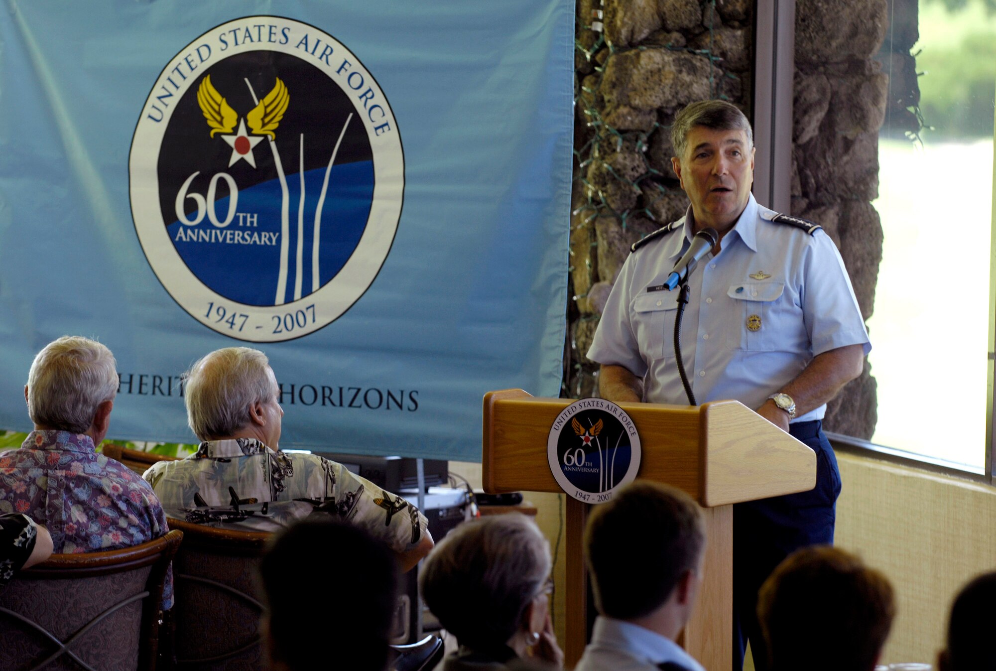 Gen. Paul V. Hester, the Pacific Air Forces commander, speaks to the Air Force Civilian Advisory Council during a luncheon June 19 in Honolulu. Gen. Hester speaks to the AFCAC about the roll out of Air Force Week Honolulu to be held Sept. 7-15. Air Force Week celebrations are designed to inform and educate the public about the important roles the Air Force plays in support of the nation's defense. (U.S. Air Force photo/Tech. Sgt. Shane A. Cuomo)