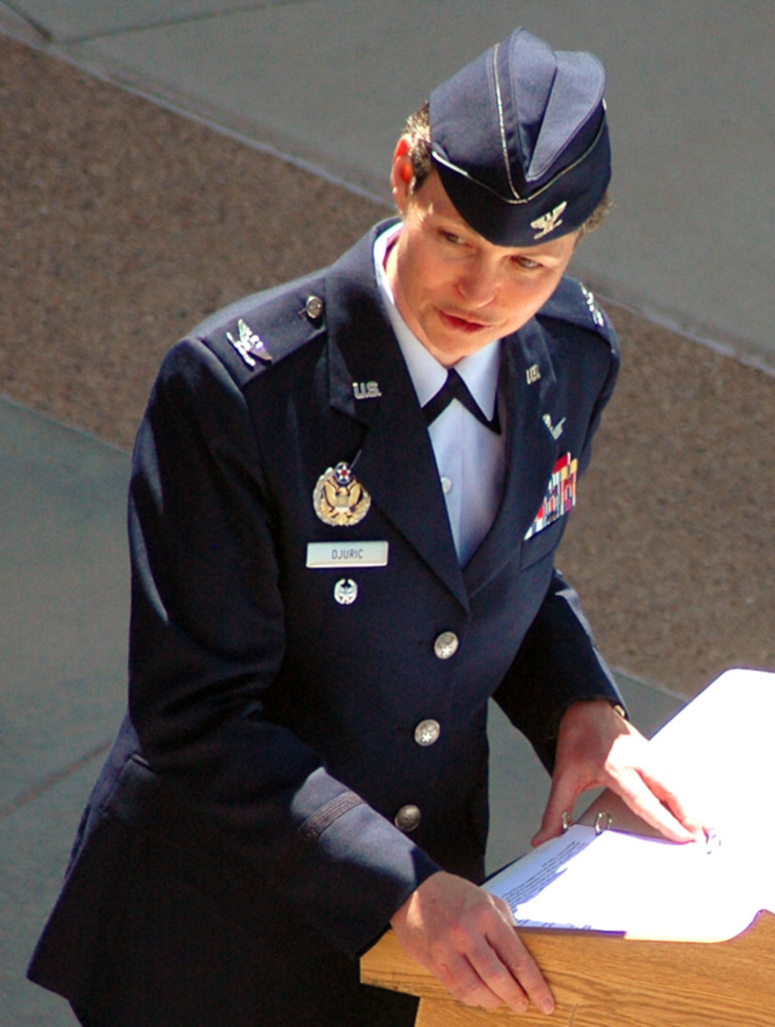 Col. Teresa Djuric addresses the audience after taking command of the 50th Space Wing during a ceremony May 22. Colonel Djuric succeeded Col. John Hyten as 50th SW commander. (U.S. Air Force photo/Lorna Gutierrez)