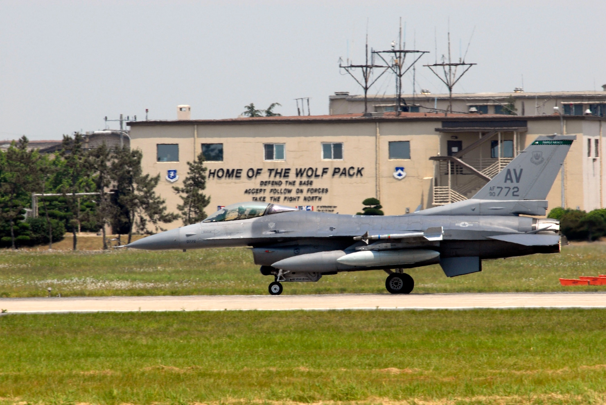 An F-16 Fighting Falcon from the 555th Fighter Squadron from Aviano Air Base, Italy, arrives at Kunsan Air Base, South Korea. Aviano AB Airmen are at Kunsan AB for a 120-day deployment. This is the first time a U.S. Air Forces in Europe fighter unit has deployed to a Pacific Air Force base. (U.S. Air Force photo/Staff Sgt. Darcie Ibidapo)
