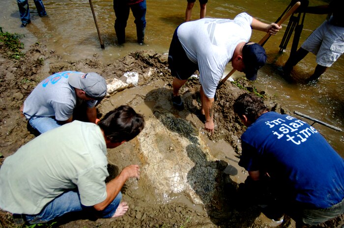 Left to right Mark Bunce, amateur fossil collector, Dave Cicimurri, curator of collections at the Campbell Geological Museum at Clemson University, Tech. Sgt. Richard Kaminsky, 437 CS amateur fossil collector and curator, Paul Bailey, fossil finder, each clean off the top and sides of the 30 million-year-old leatherback sea turtle in the Saw Branch Canal in Summerville, S.C., June 14. (U.S. Air Force photo/Airman 1st Class Nicholas Pilch)