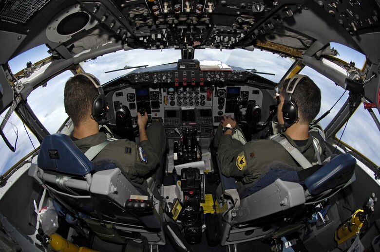 Capt. Jeff Quick and Maj. Brian Burr pilot their KC-135 Stratotanker during aerial refueling practice over the skies of Hawaii June 18, 2007. A KC-135 Stratotanker from the 909th Air Refueling Squadron, 18th Wing, Kadena Air Base, Japan is at Hickam Air Force Base, Hawaii practicing with a C-17 Globemaster III from the 535th Airlift Squadron for the Air Mobility Command Rodeo. (U.S. Air Force photo/ Tech. Sgt. Shane A. Cuomo)