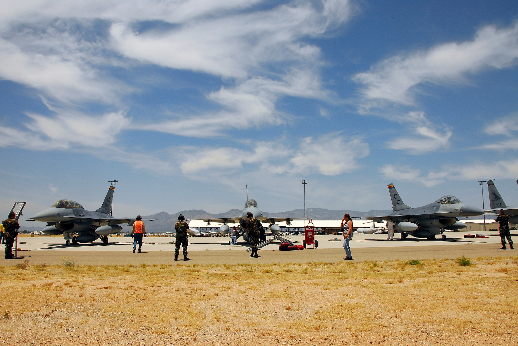 The last F-16A in the Air Force, along with two F-16Bs are parked on the ramp at Davis-Monthan Air Force Base, Ariz., awaiting transfer to the Aerospace Maintenance and Regeneration Group at Davis-Monthan for indefinite storage.  The aircraft are being retired by the Arizona Air National Guard's 162nd Fighter Wing which now flies the more modern F-16 C and F-16D models.  (U.S. Air Force photo/Master Sgt. David Neve)