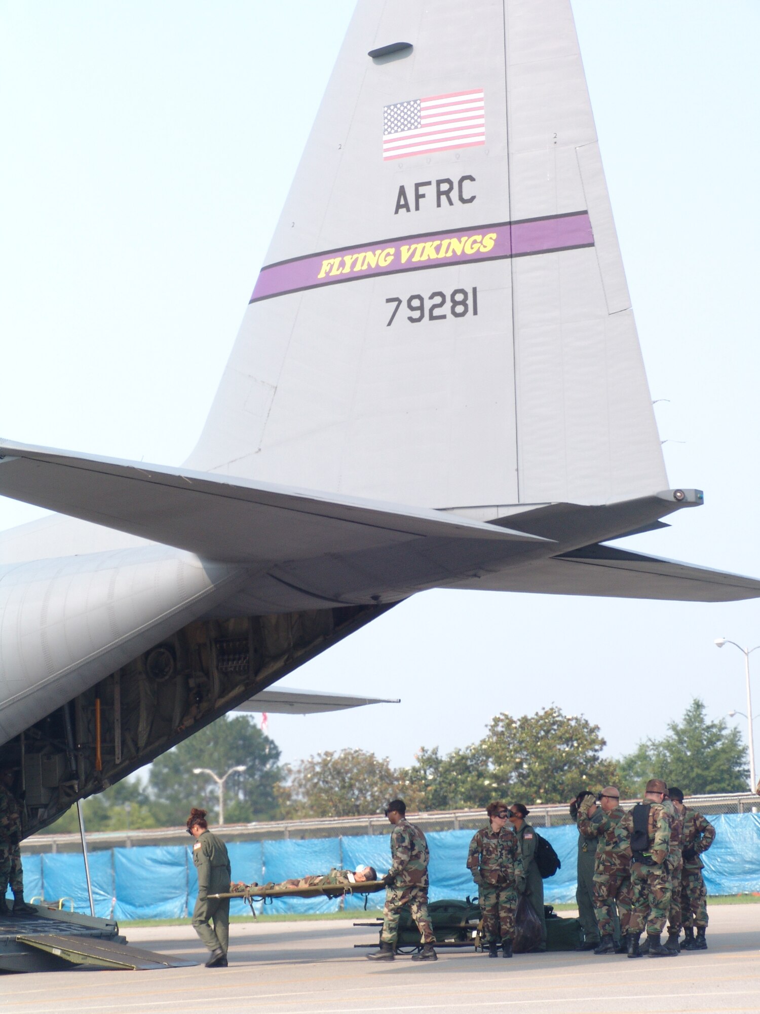 Members of the 706th Provisional contingency aeromedical support facility load a patient onto a C-130 flown by the Minneapolis-based 934th Airlift Wing "Flying Vikings" during the Golden Medic Exercise 2007 at the Augusta Regional Airport - Bush Field, Ga.