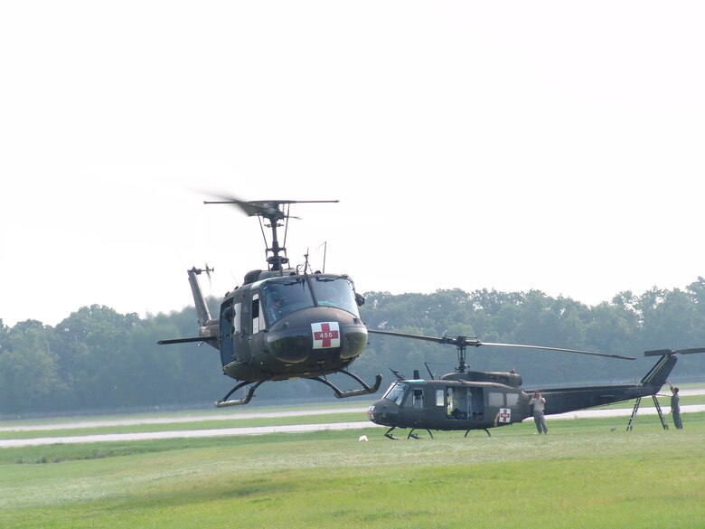 An Army UH-1 helicopter from the 832nd Medical Company Air Ambulance detachment, Georgia Army National Guard, prepares to land at the Augusta Regional Airport - Bush Field, Ga., during the Golden Medic Exercise 2007.