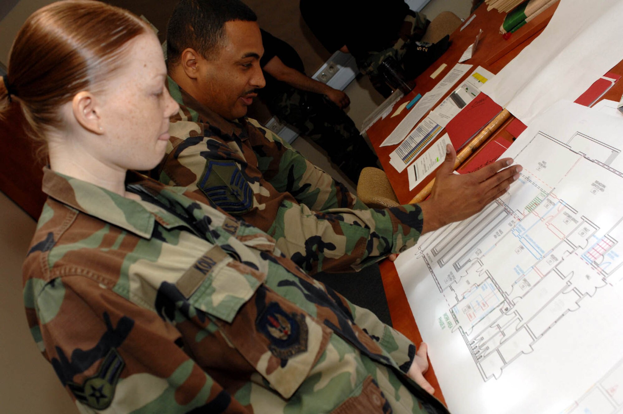 SPANGDAHLEM AIR BASE, GERMANY -- Airman 1st Class Rhonnie Kolp and Master Sgt. Henry Gonzalez, both from 52nd Communications Squadron, participates in  Air Force Smart Operations of the 21st Century event here May 23, 2007. The postal staff conducted an AFSO21 event that also focused on potential benefits to the entire Spangdahlem community. (U.S. Air Force photo by Airman 1st Class Stephanie Clark) 
