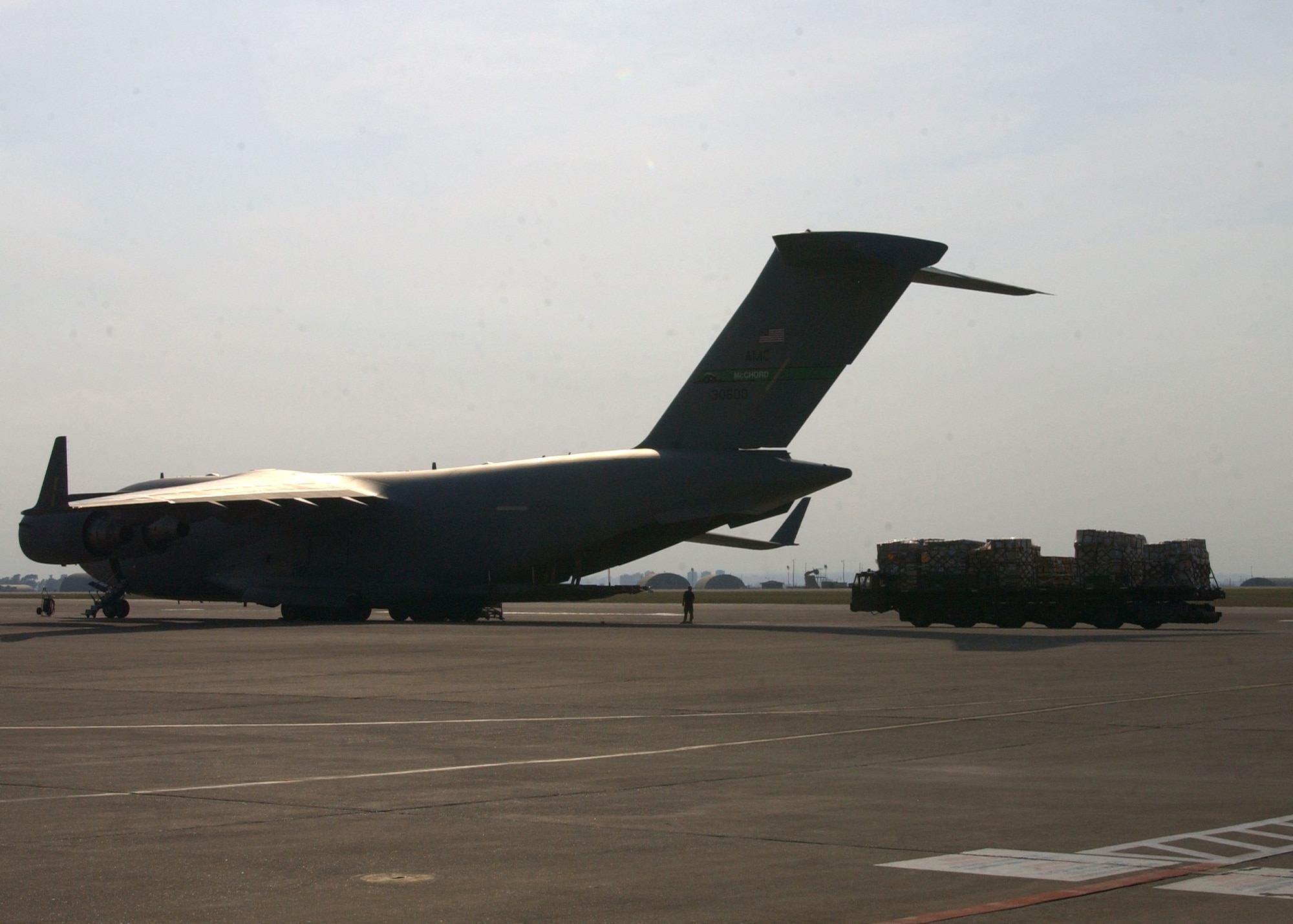 A pallet train waits to be loaded on the Incirlik flightline June 4. Pallet trains consist of pallets “married” together by couplers making it one single piece of cargo. (U.S. Air Force photo by Capt. Rose Richeson)