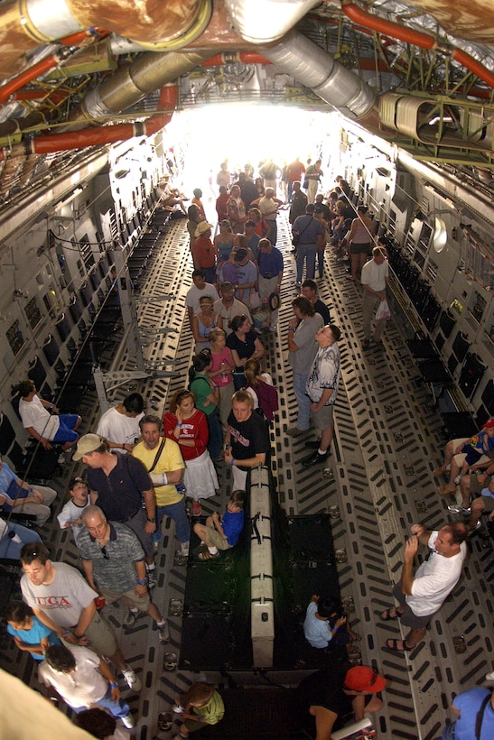 Visitors get an inside look at a C-17 Globemaster III during the "Reach for the Sky" family day at the National Air and Space Museum's Udvar-Hazy Center in Chantilly, Va., June 16, 2007. The C-17 is from the 97th Air Mobility Wing, Altus Air Force Base, Okla.