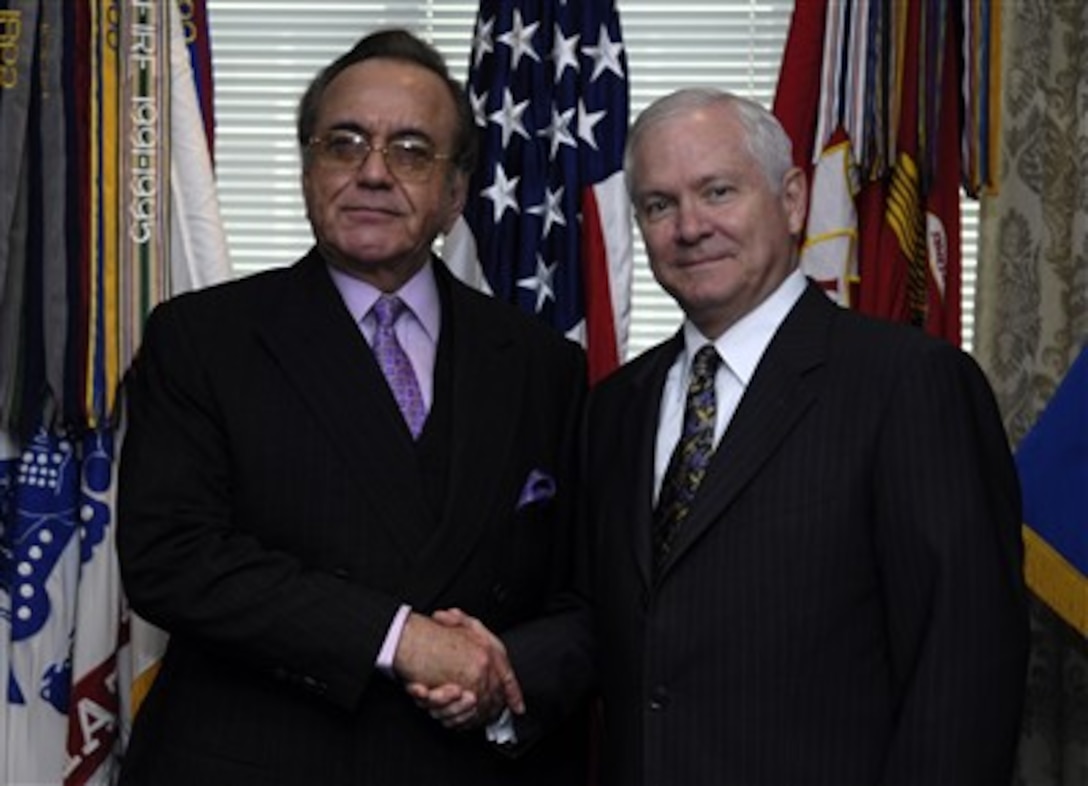 Defense Secretary Robert M. Gates (right) meets with Pakistani Minister of Foreign Affairs Mian Khurshid M. Kasuri at the Pentagon, June 20, 2007.  