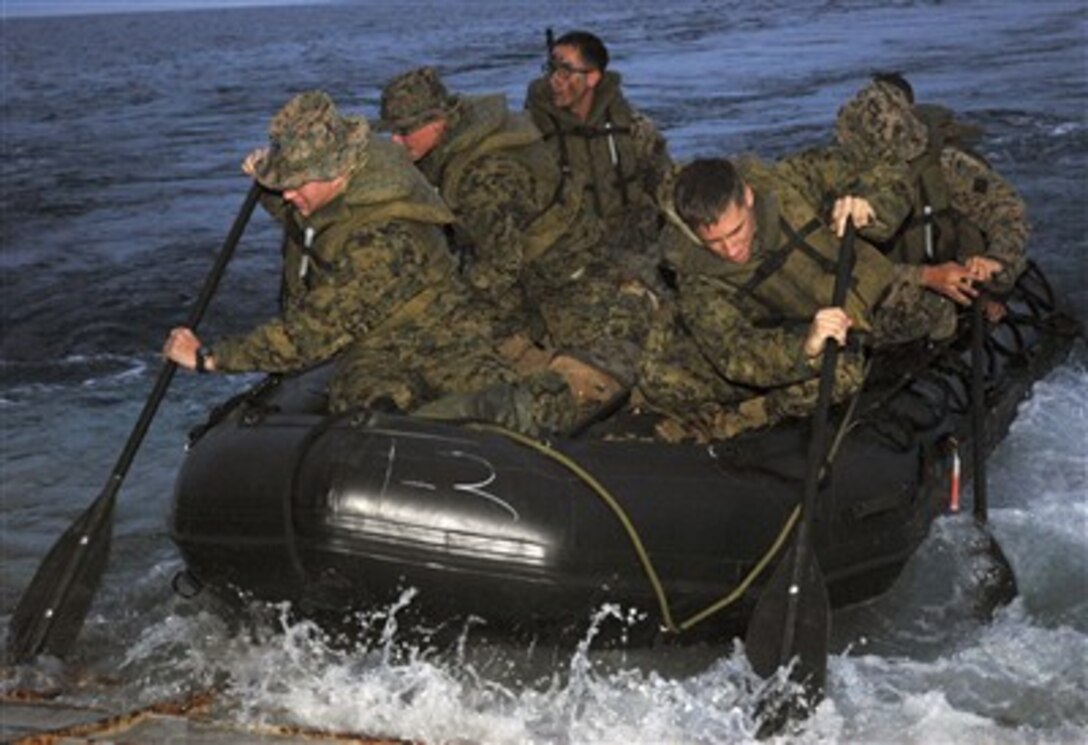 U.S. Marines from the 31st Marine Expeditionary Unit launch a combat rubber raiding craft from the amphibious landing dock USS Juneau (LPD 10) as the ship operates in the Pacific Ocean on June 19, 2007.  Juneau is participating in exercise Talisman Sabre 2007, a biennial exercise designed to train Australian and U.S. forces in planning and conducting combined task force operations, which will help improve combat readiness and interoperability.  