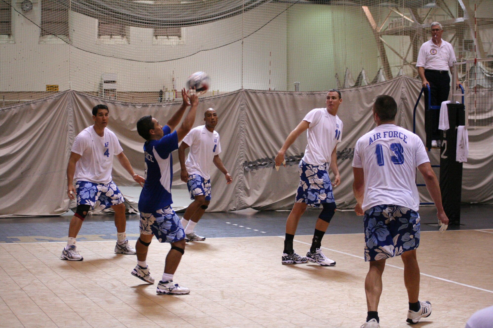 First Lt. Keola Lacar, 508th Aircraft Sustainment Wing, sets a ball during the 2007 Armed Forces Vollyeball Tournament at West Point Military Academy, N.Y. (Courtesy photo)